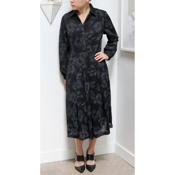 80s Black & Grey Floral Polka Dot Satin Dress w/ Long Sleeves, Stretch Waist - Picture 3 of 10